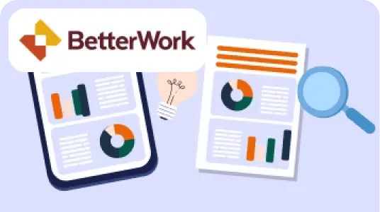 Illustrated infographic representing a report with a light purple background and the BetterWork logo