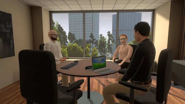 Virtual businesspeople sat around a meeting table
