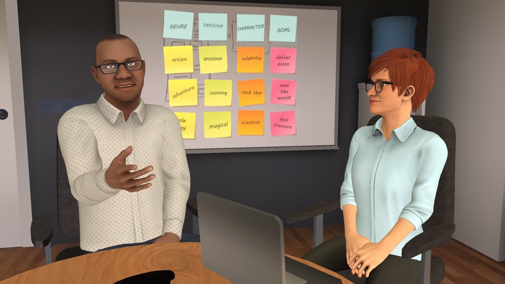Two human avatars sit side by side in a meeting room
