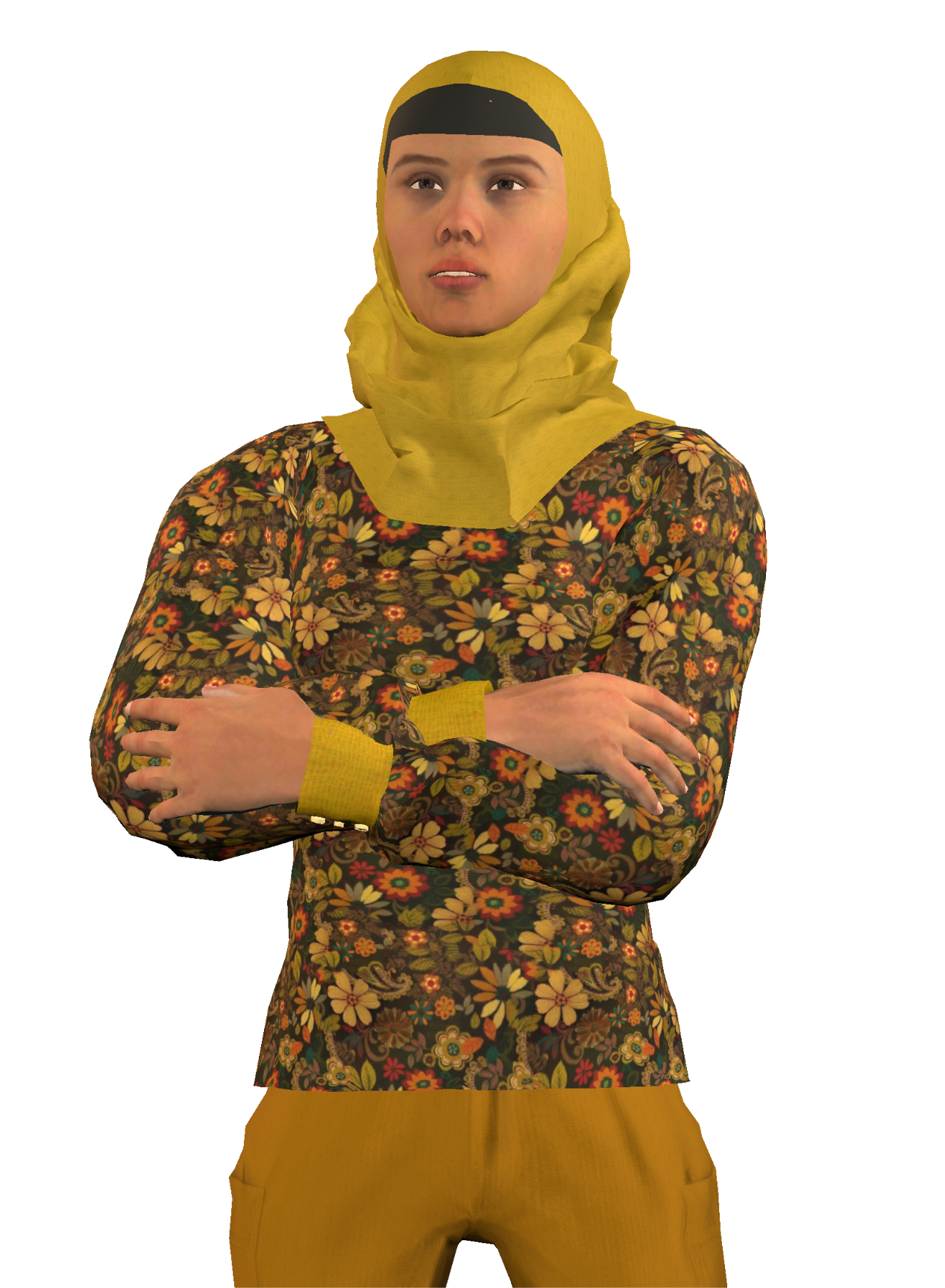 Female avatar with her arms crossed wearing a mustard yellow outfit.