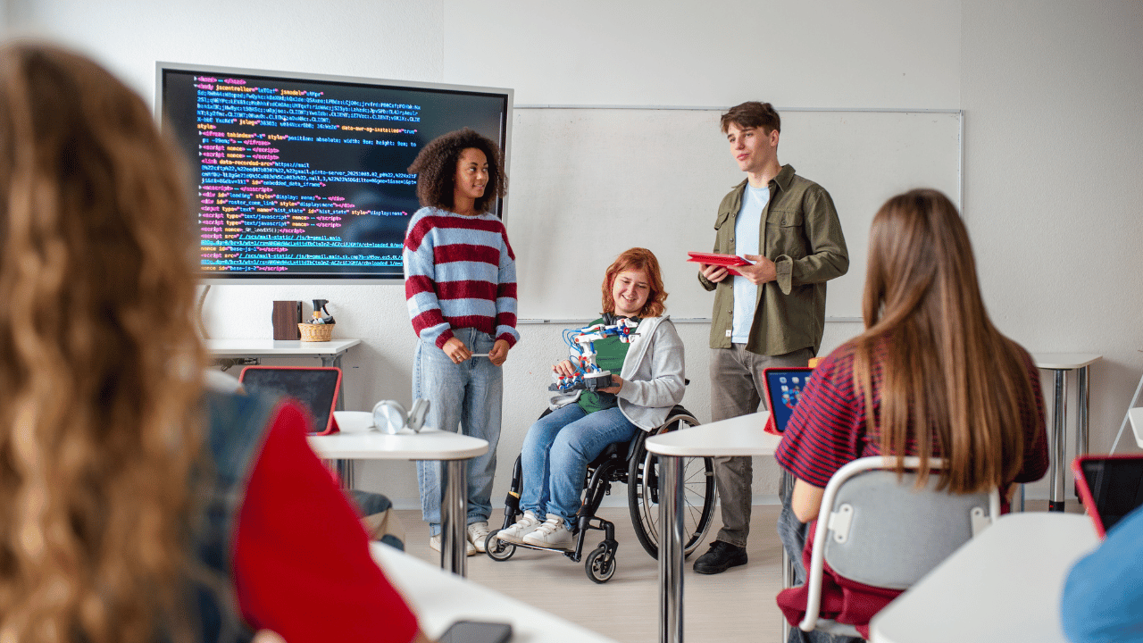 3 students presenting to their class