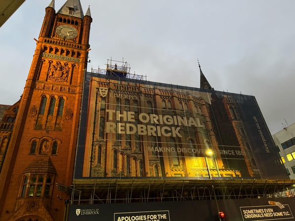 University of Liverpool building with a banner reading The Original Redbrick