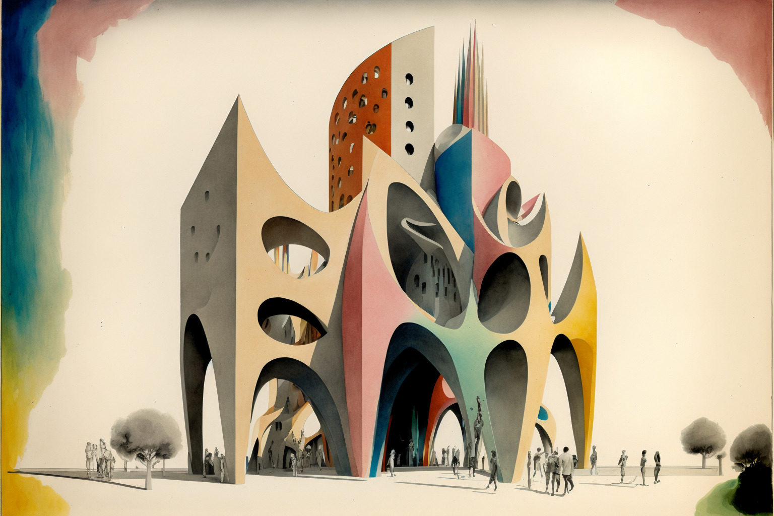 AI generated image of a multi-coloured futuristic building