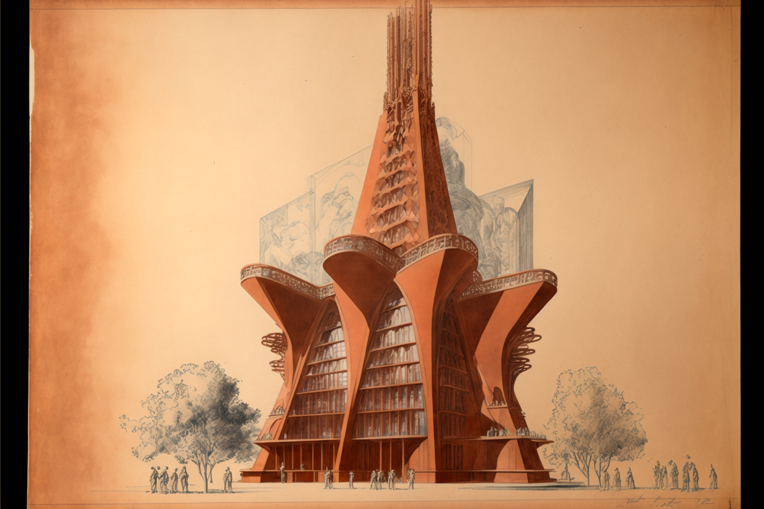 Sepia toned AI-generated image of an orange building