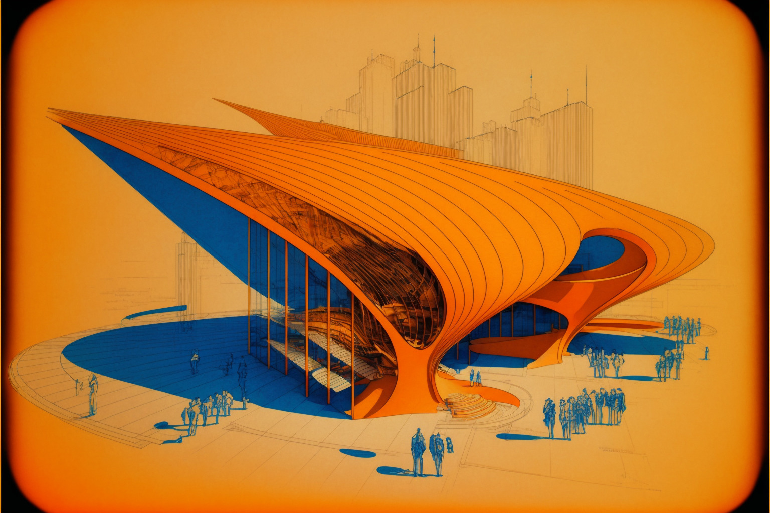 AI-generated image of an orange futuristic building
