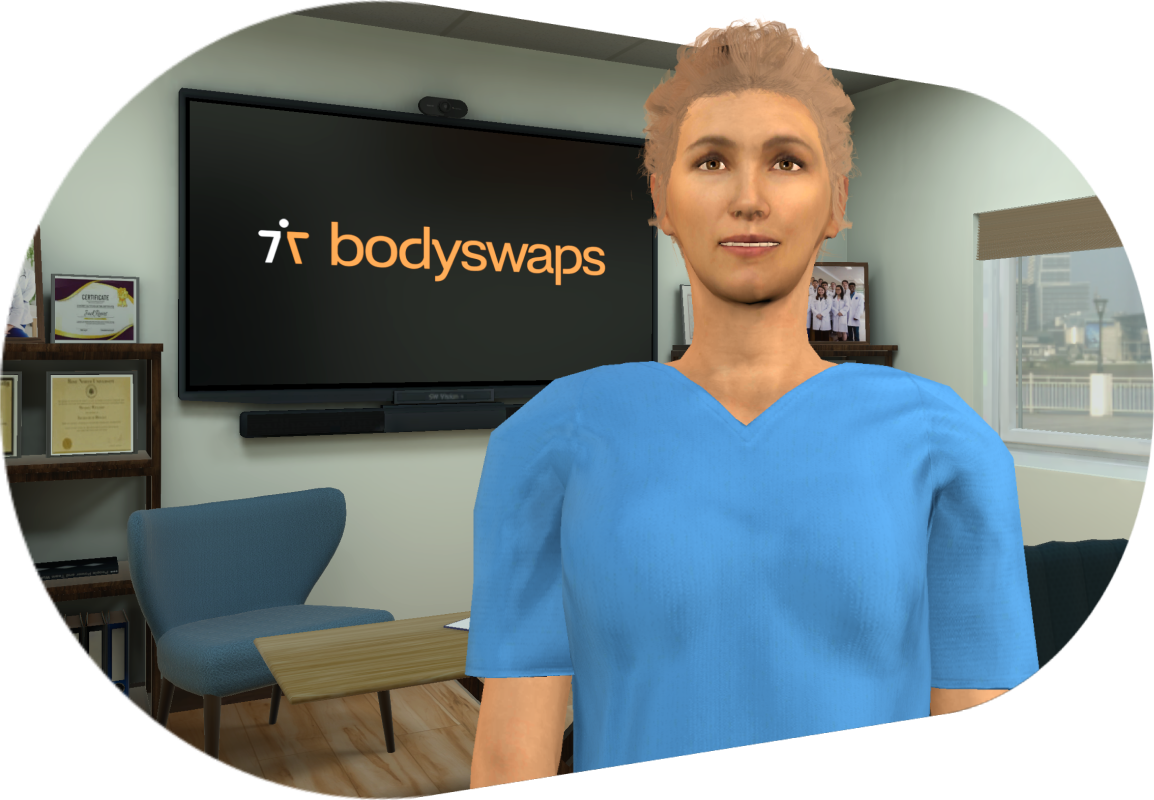 Nurse Sam in a blue scrubs outfit standing in a hospital tutor room