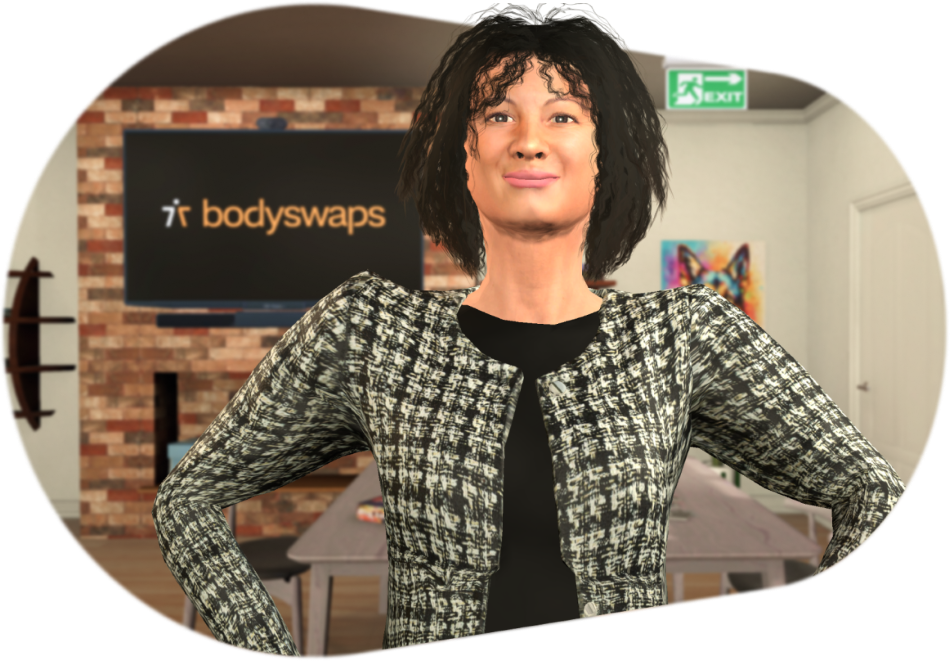 Character Olivia, a female with short, curly black hair and a proud expression, wearing a tweed blazer.