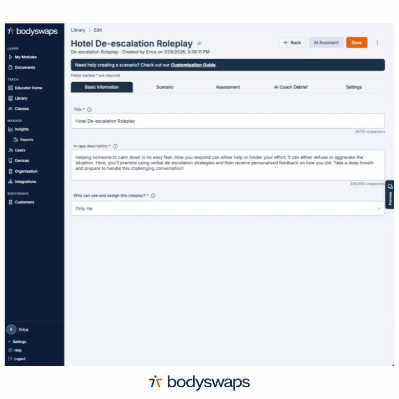 Tabbed layout of the AI roleplay customisation form