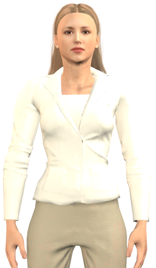 Character Astrid with straight, light brown hair wearing a cream-colored blazer, white top, and light beige pants.