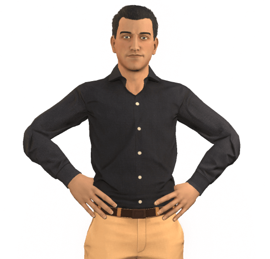 Character Jeremy, a dark-haired male standing with hands on hips wearing a black shirt, beige pants, and dark brown shoes.