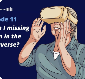 Cartoon of an older woman with VR headset on. Navy blue background.