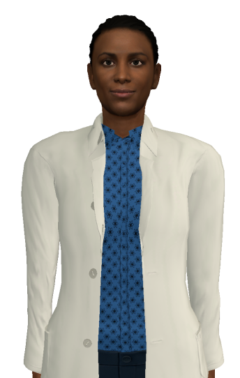 Dr Grace, in a nursing station and lab coat. her hair is tied back.