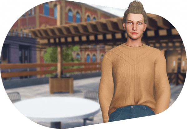 Female avatar with brown jersey standing with her hands beside her.