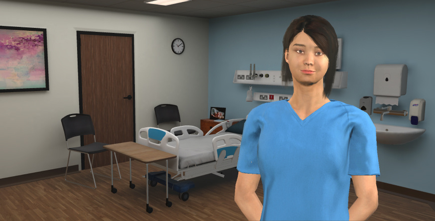 Female nurse avatar with short, dark hair standing in a doctor's office.