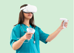 Female nurse with VR headset and pale green background.