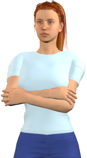 Grace, an avatar with her arms crossed and orange hair in a pony tail.