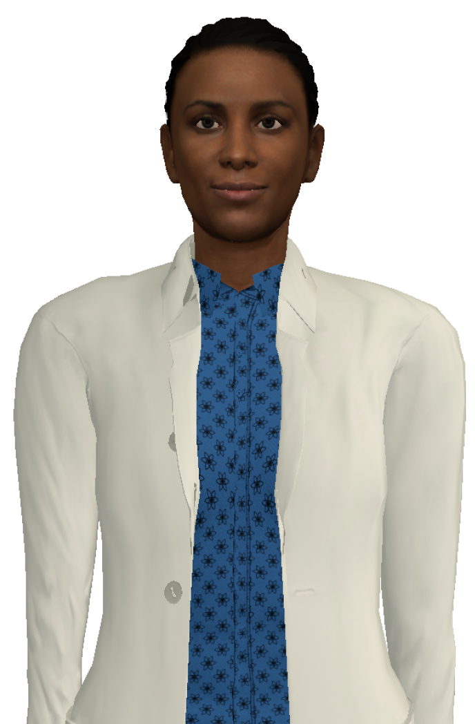 Character Dr. Grace, a female with short curly hair, wearing a white lab coat over a dark blue patterned blouse and dark blue pants.