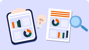 Illustrated graphic of a clipboard with report analytics on the left and a document with analytics on the right