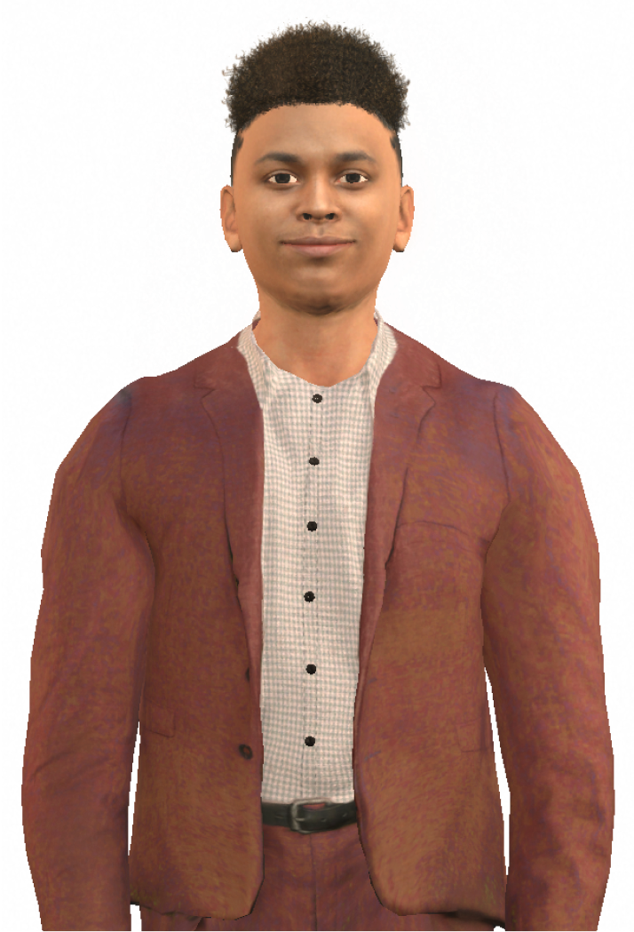 Male avatar with dark hair and a brown suit