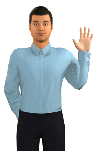 Male avatar with blue shirt and black pants waving with his left hand.