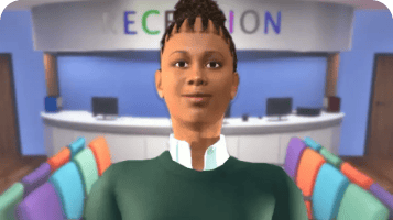 Avatar roleplay thumbnail of a woman with a black hair in learning centre wearing a green jersey