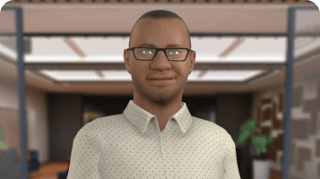 Male avatar with black reading glasses and a white spotted shirt at a office entrance