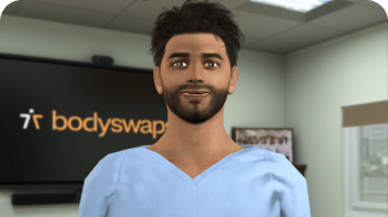 Avatar roleplay thumbnail of a male nurse with a short black hair in a patient waiting room