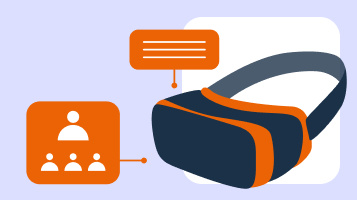 Illustration of a navy VR headset with orange Leadership graphics coming off of it