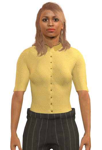 Character Niah with light brown skin and light brown or blonde hair, wearing a yellow blouse, and black pinstriped trousers.