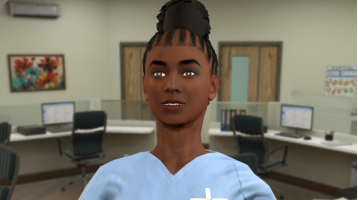 Character nurse Kayla, a female with cornrowed brown hair in a bun, wearing blue medical scrubs.
