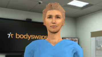 Nurse avatar in a blue scrubs outfit standing in a hospital tutor room.