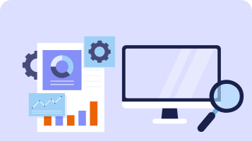 Illustrated graphic of a monitor with a magnifying glass above it, and a document with graphs to the left