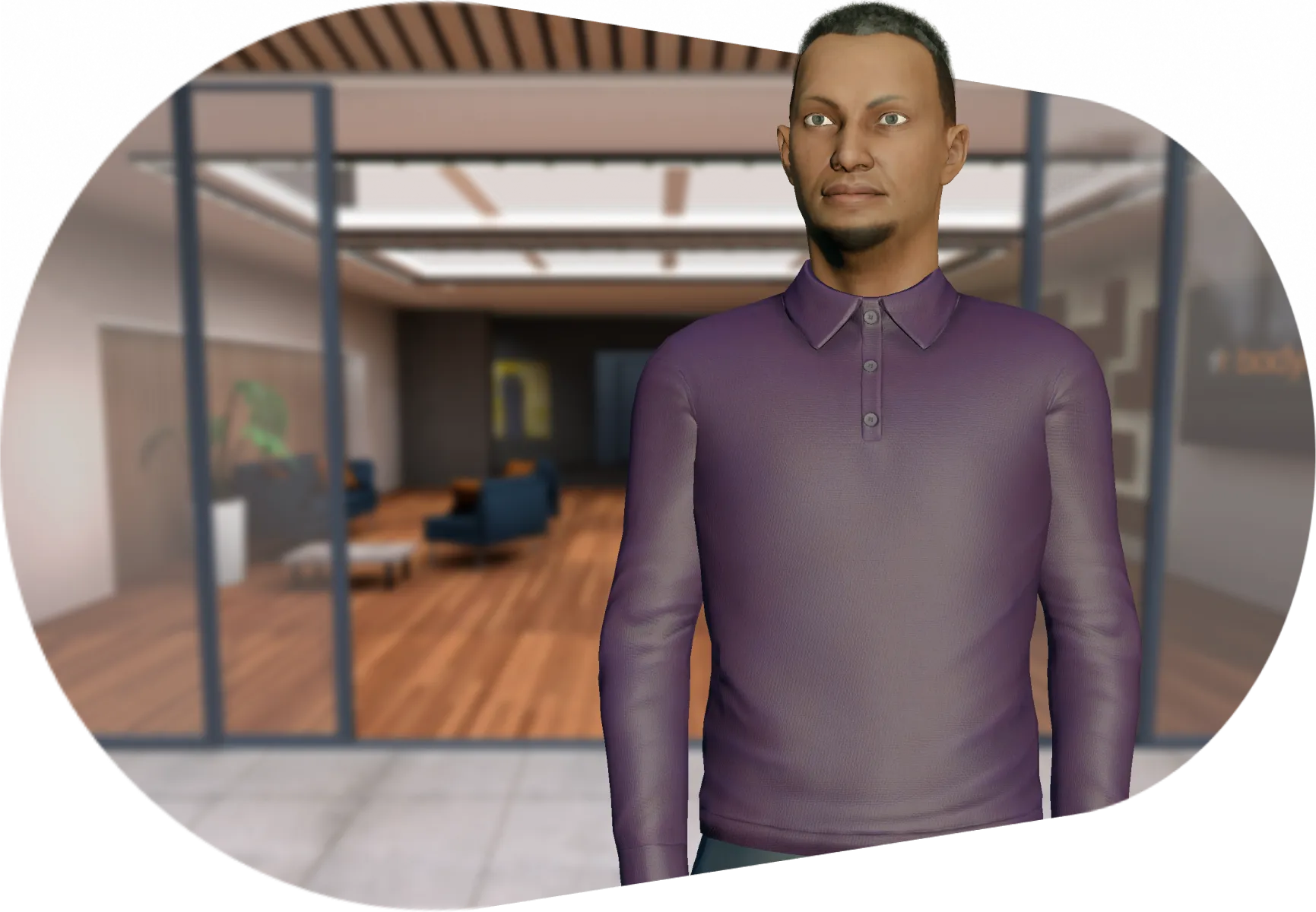 Abeeku avatar in a purple button up shirt, standing in the lobby