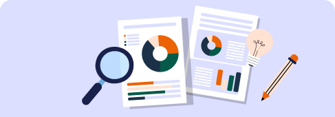 Cartoon image of charts and a magnifying glass on a purple background