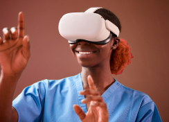 Female nurse wearing VR headset with brown background.