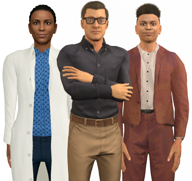 Three avatars standing next to each other 