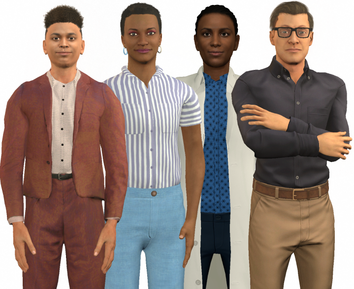 Four avatars standing next to each other. Two males, two females.