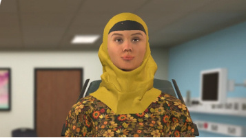 Female with mustard head wrap in doctors room