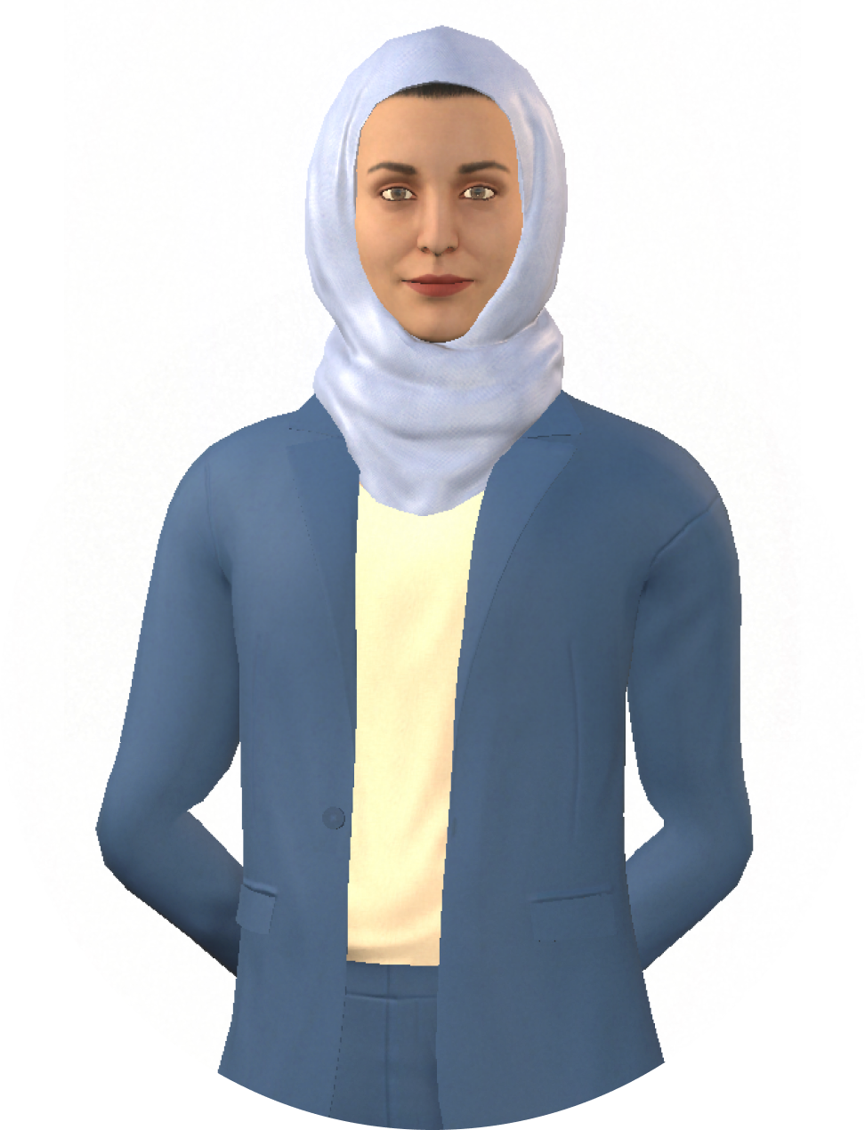 Character Shayla, a female wearing a light blue hijab, blue blazer, and cream-coloured shirt.