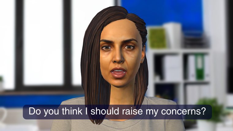 An AI roleplay character mid-conversation in an office