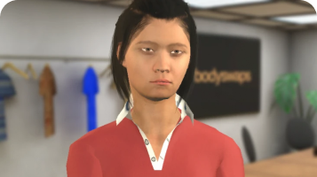 Avatar roleplay thumbnail of a woman with a short black hair in a training room