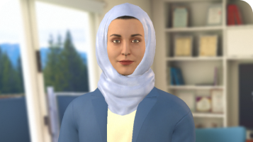 Avatar roleplay thumbnail with woman in a light blue hijab and a blue blazer standing in the tutor room