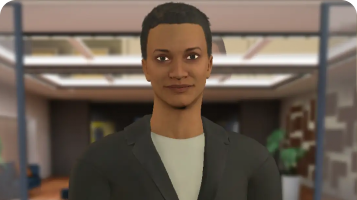 Avatar roleplay thumbnail of a woman with a short black hair in front of an office entrance