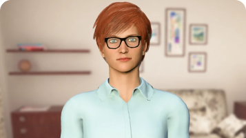 Avatar roleplay thumbnail of a middle-aged woman with orange hair in a house