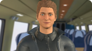 Avatar roleplay thumbnail of a woman with brown hair on a train