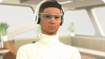 Avatar roleplay thumbnail of a woman wearing a white turtleneck with clear glasses and headphones