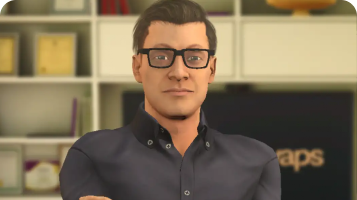 Avatar roleplay thumbnail of a man with black hair and glasses in a learning centre