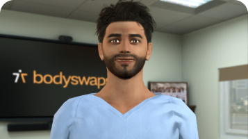 Avatar roleplay thumbnail of a male nurse with a short black hair in a patient waiting room