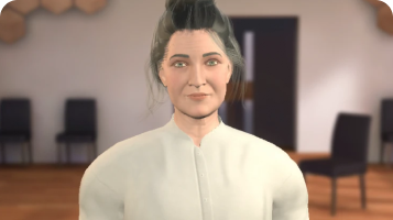 Avatar roleplay thumbnail of an older woman with dark grey hair in a yoga centre