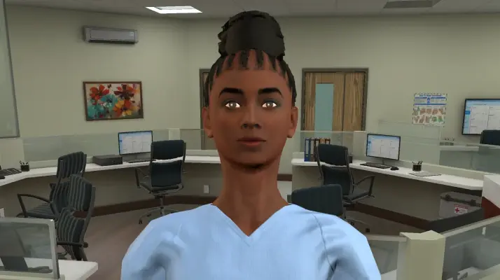 Avatar roleplay thumbnail of a female nurse with a black hair in a nursing reception